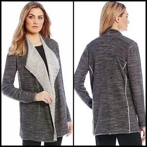 Eileen Fisher Cotton Plaited Knit Cascading Cardigan Charcoal Size Large